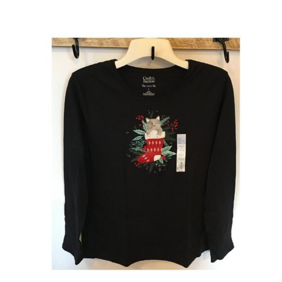 Womens Croft & Barrow Christmas Black Long Sleeve Kitty Cat Stocking Tee T-Shirt - Picture 1 of 5